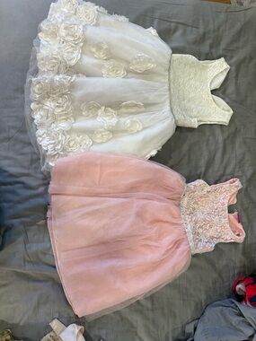 White Floral Appliqué Girls Party Dress & Pink Lace Bodice Tulle Dress (Set)